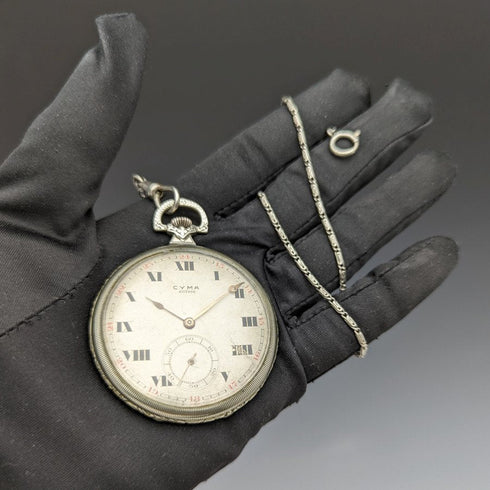 Vintage good working Cima silver plate case mechanical pocket watch with chain